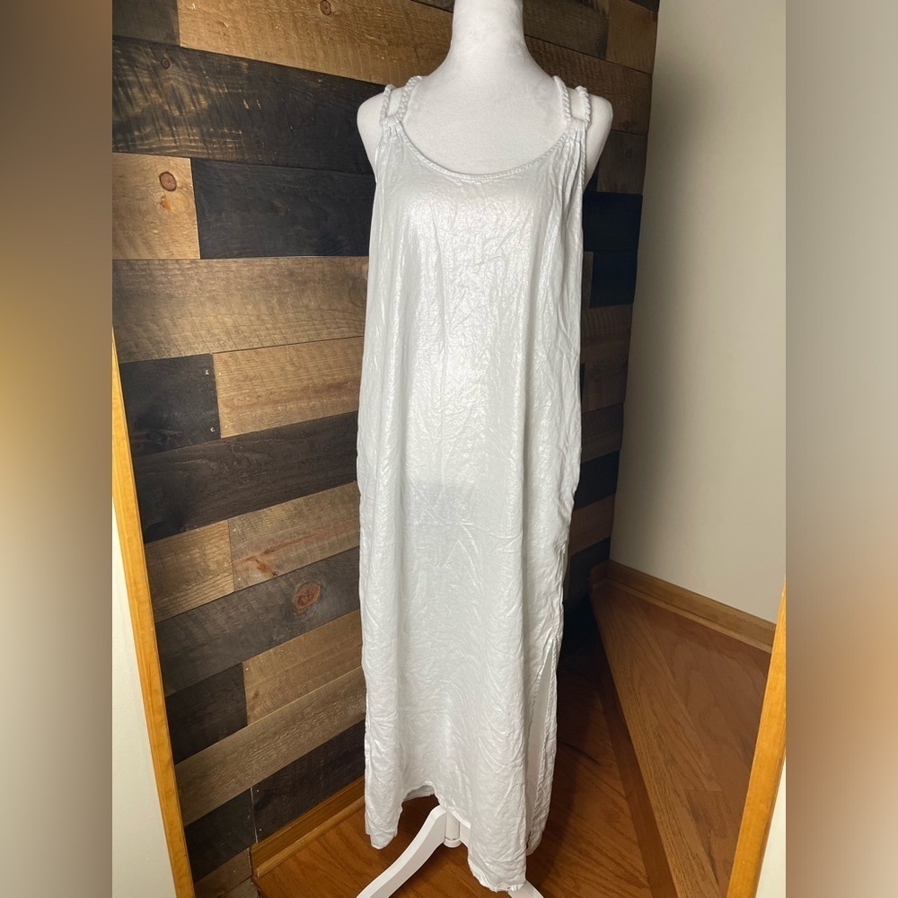 Tahari Linen Blend Braided Swim Coverup Beach Maxi Metallic Silver Dress, Large
